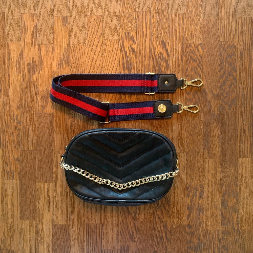 Black Quilted Crossbody/Belt Bag with Chain and Striped Strap